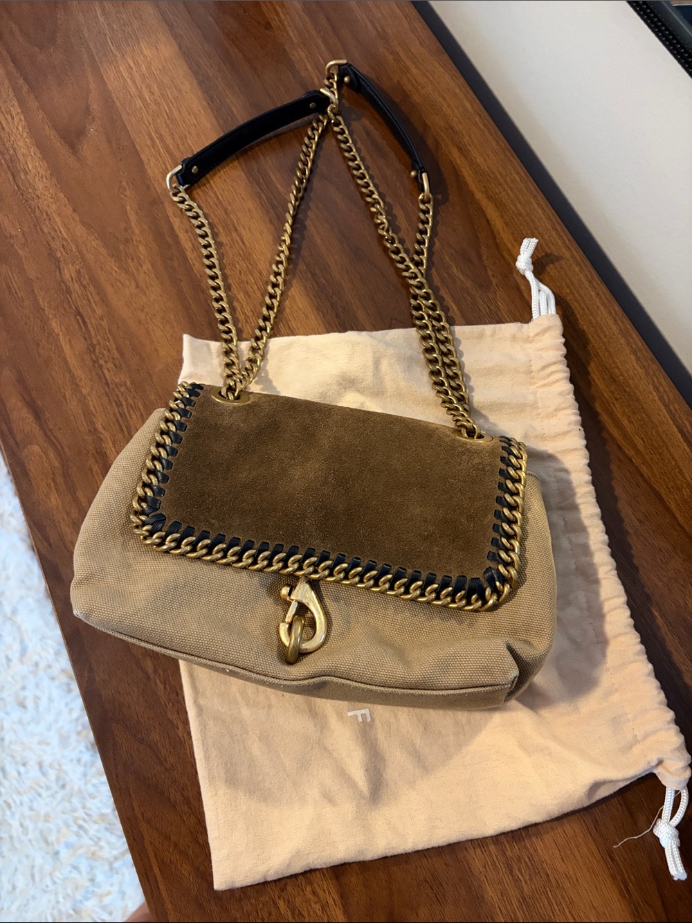 Rebecca Minkoff Chain-Trim Shoulder Bag in Taupe and brown